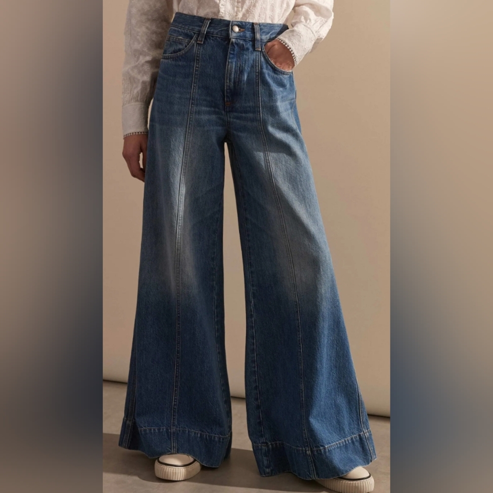 ME+EM High Rise Blue Seam Front Wide-Leg Flare Jeans Organic Cotton Full Length